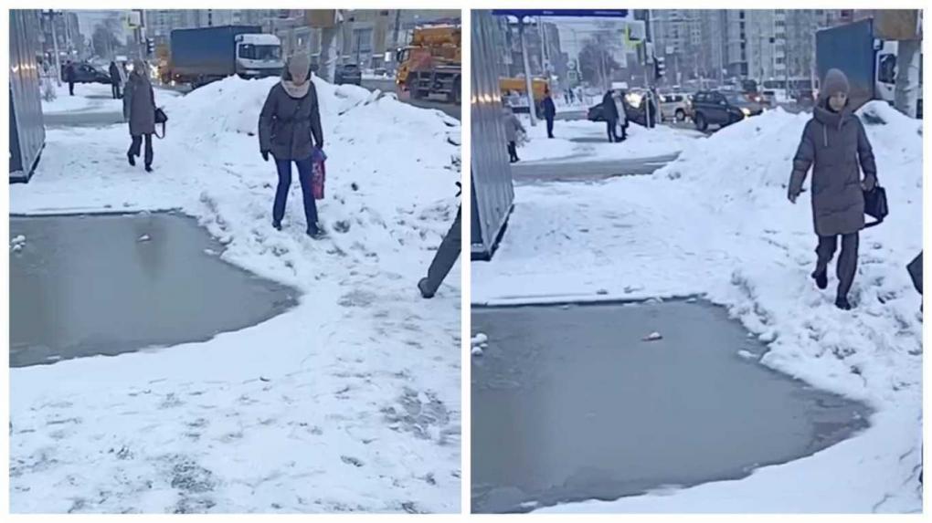 «Люди вынуждены плыть к остановке»: новосибирцы пожаловались на «озеро» на тротуаре в Заельцовском районе