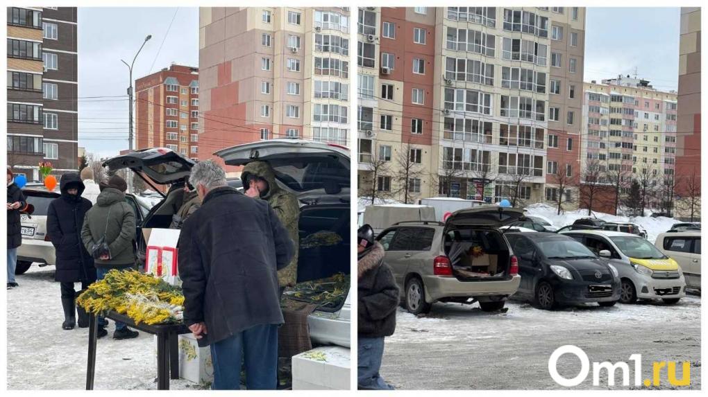 «Люди не могут припарковаться»: машины продавцов тюльпанами забили парковки новосибирских ТЦ на 8 Марта
