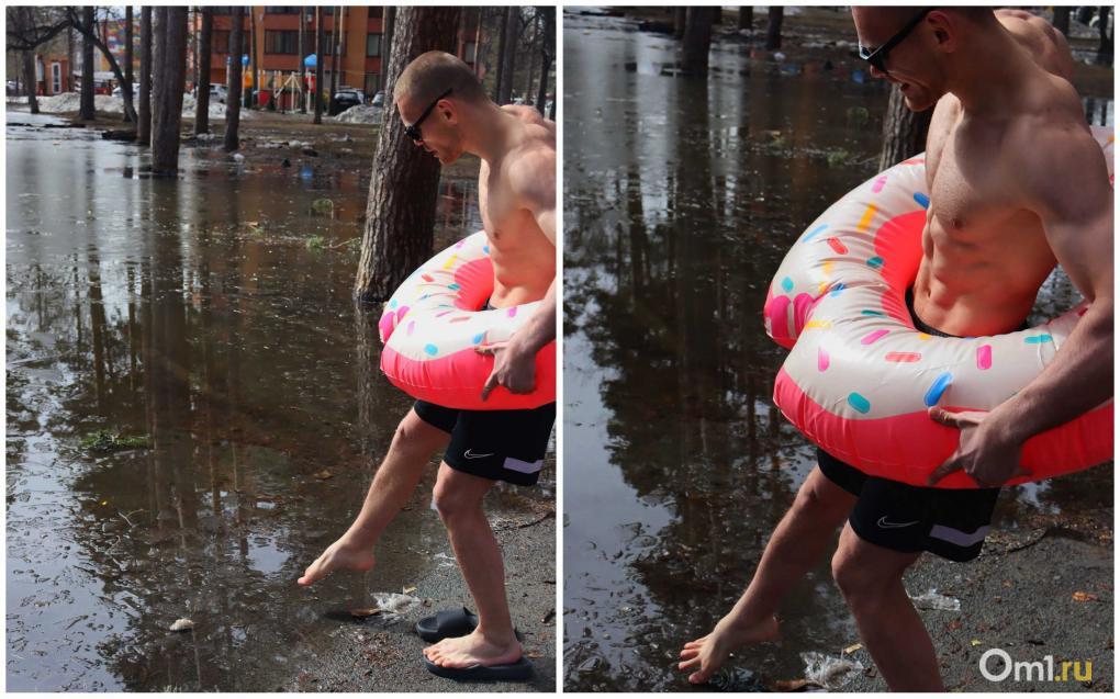 «Виды шикарные, вода холодновата»: новосибирец-качок принял ванну в луже Тимирязевского сквера