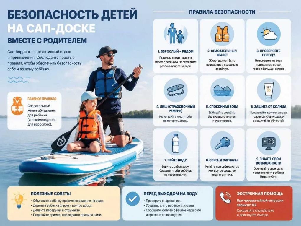Вода ошибок не прощает: новосибирские спасатели рассказали о главных правилах для отдыха с детьми на сапах