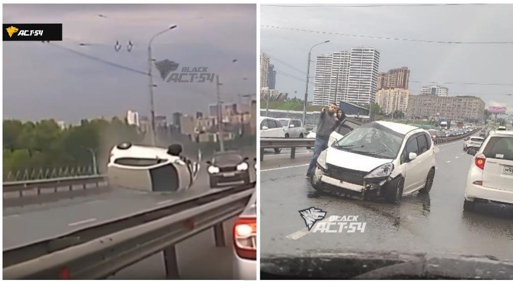 Массовое ДТП с переворотом автомобиля произошло на Октябрьском мосту в Новосибирске