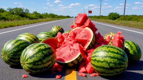 Лобовое столкновение: седан улетел в поле, арбузы — в асфальт под Новосибирском