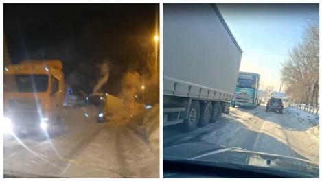 «Дети не могут доехать до школы»: застрявшие в снегу фуры парализовали движение нескольких улиц в Октябрьском районе