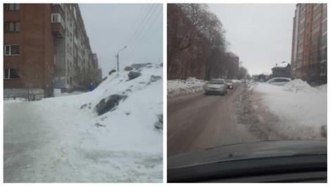 Улица в Ленинском районе Новосибирска сузилась до одной полосы из-за отсутствия уборки снега