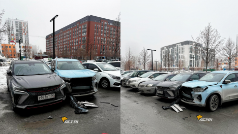 Внедорожник устроил погром на парковке и скрылся: массовое ДТП произошло на Владимира Заровного в Новосибирске
