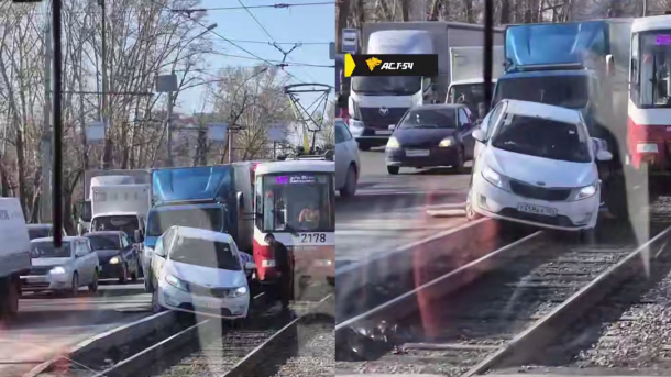 Kia Rio застряла на рельсах: водитель остановил движение трамваев на Сибиряков-Гвардейцев