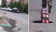 Новая яма рядом с провалом на Горской в Новосибирске разрослась и «проглотила» покрышку