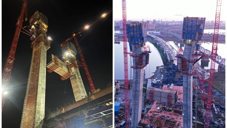 «Тяжелый подъём»: в Новосибирске на четвёртом мосту подняли и закрепили верхнюю перемычку пилона