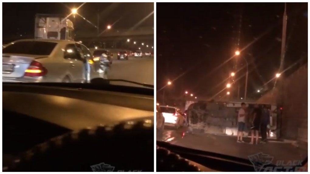 Грузовик перевернулся во время ДТП с «Мерседесом» под мостом в Новосибирске