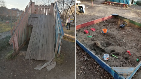 Земля в песочнице и горка с дырами. Жители Тары просят заменить им детскую площадку