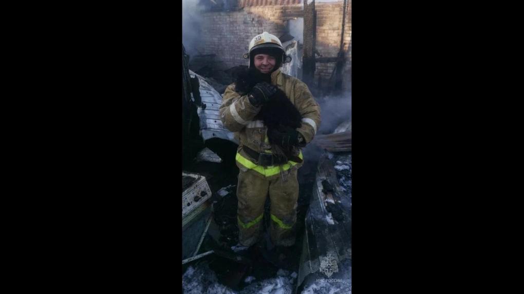 Омские пожарные спасли пса из-под сгоревших завалов постройки