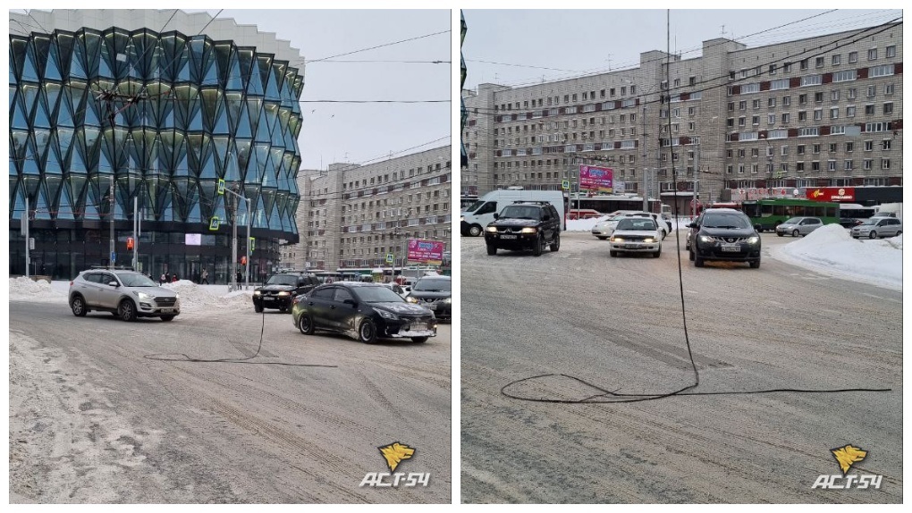 Оборвавшийся кабель затруднил проезд на площади Маркса в Новосибирске