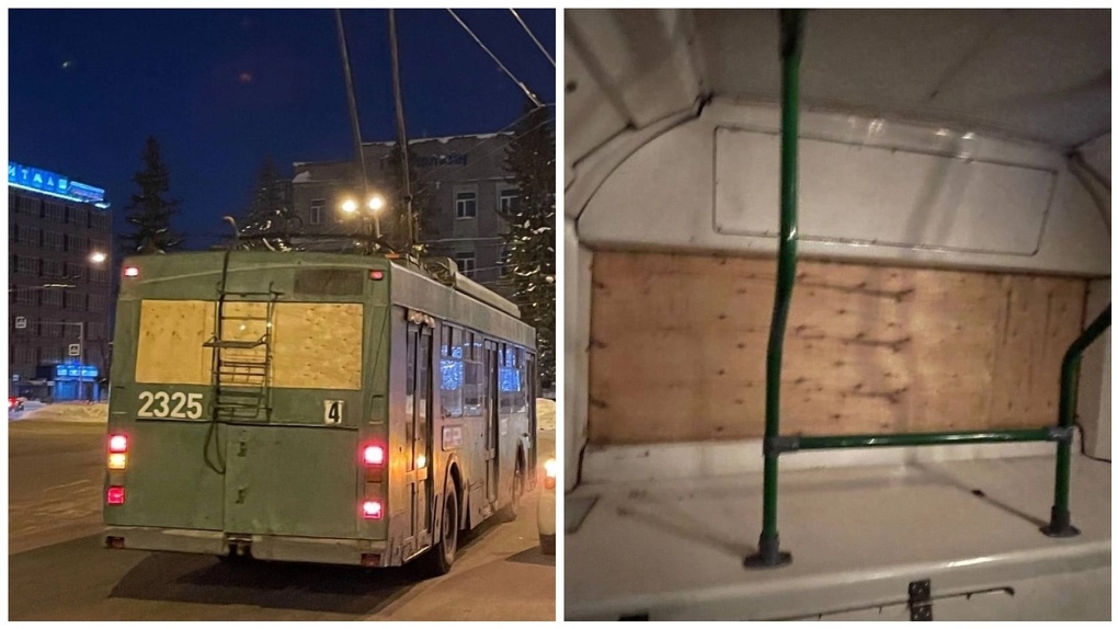 Троллейбус с листом фанеры вместо стекла заметили новосибирцы