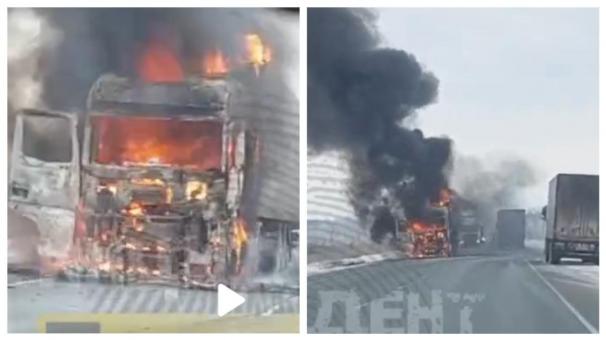 На трассе Новосибирск — Омск загорелся грузовик: кабина уничтожена огнём
