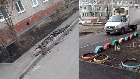В Омске в отремонтированном дворе провалился тротуар из-за наезда «Газели»