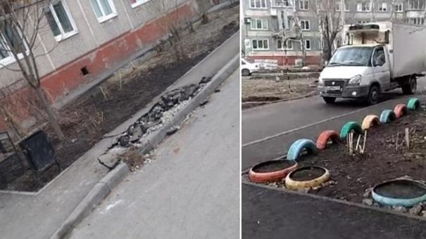 В Омске в отремонтированном дворе провалился тротуар из-за наезда «Газели»