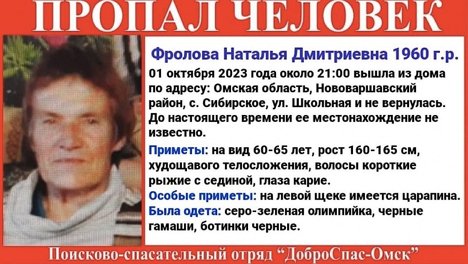 В Омске объявили сбор добровольцев для поиска пенсионерки с царапиной на щеке