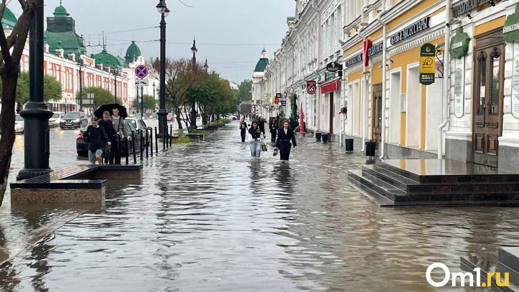 Залповый ливень топит Омск: показываем, как выглядят водопады в переходах