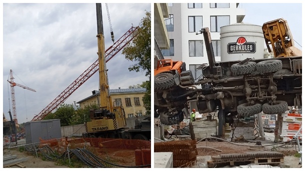 Автокран КамАЗ перевернулся на стройке в Новосибирске