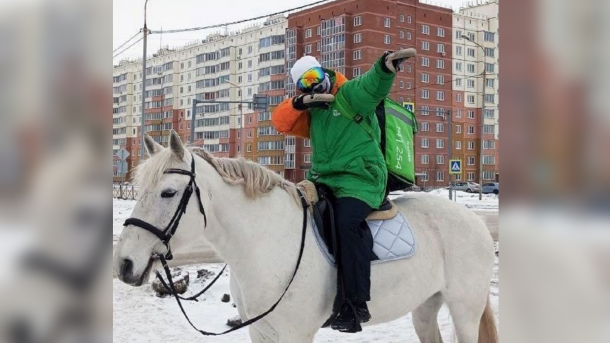 В Новосибирске заметили курьера, доставляющего заказы верхом на лошади