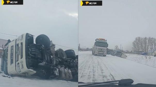 Фура вылетела в кювет и перевернулась на бок под Новосибирском