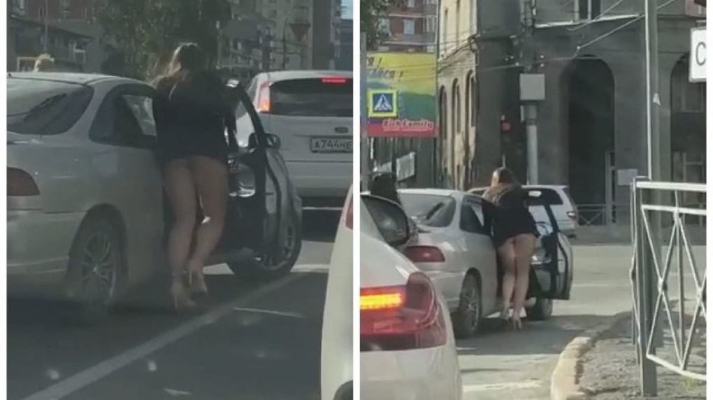 голая девушка толкает машину