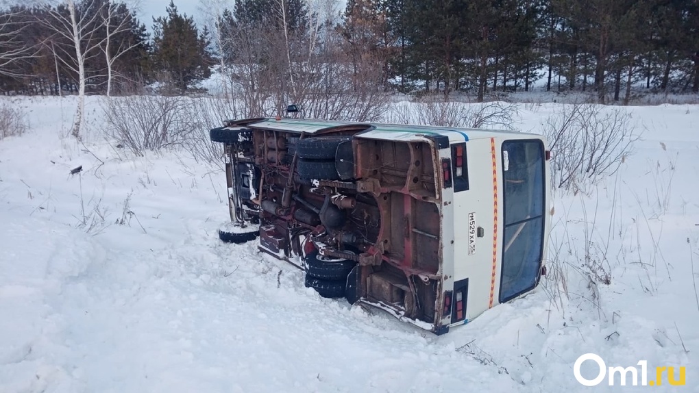 Автобус с пассажирами опрокинулся на трассе под Омском