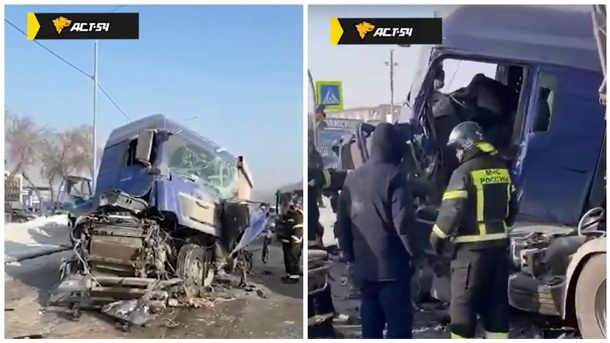 В Новосибирской области водителя зажало в разбитой кабине в столкновении двух грузовиков