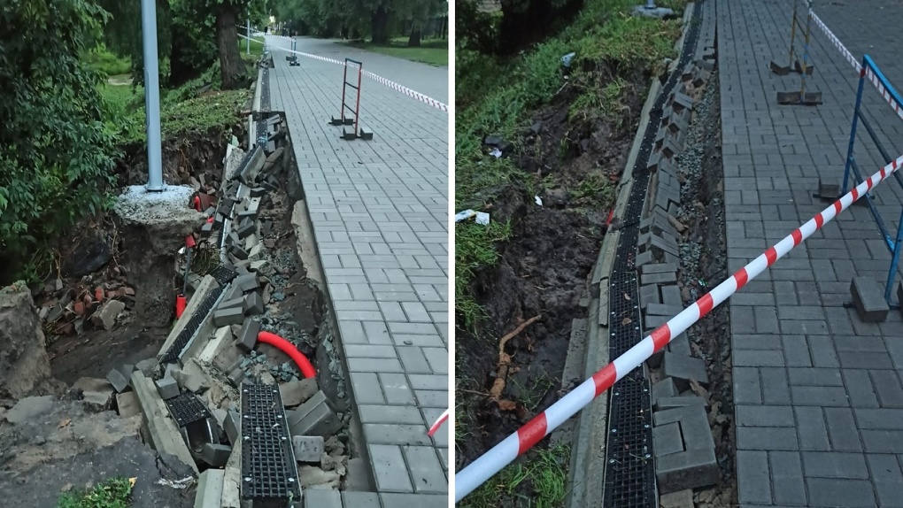Ливень разрушил новый тротуар на «Зелёном острове» в Омске и поотрывал номера машин