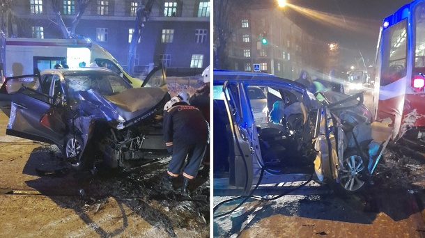 Водитель Hyundai врезался в трамвай и сбежал с места происшествия