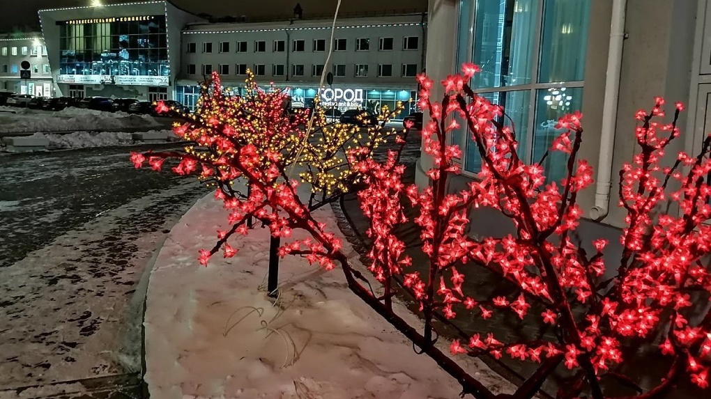 Ёлки, гирлянды и фигуры: в Омске компании массово украшают свои территории к Новому году
