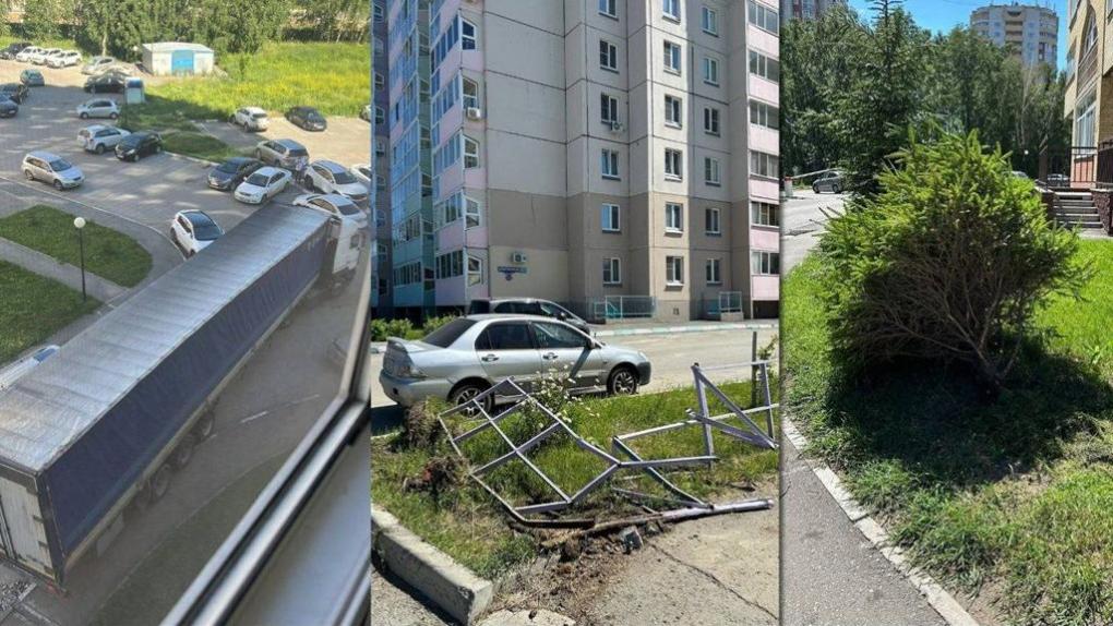 В Омске фура дальнобойщика снесла забор и поцарапала машины