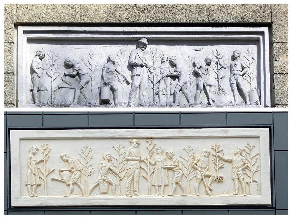 «Лишь отчасти напоминают оригинал»: новосибирцев возмутил заменённый барельеф на фасаде школы №54