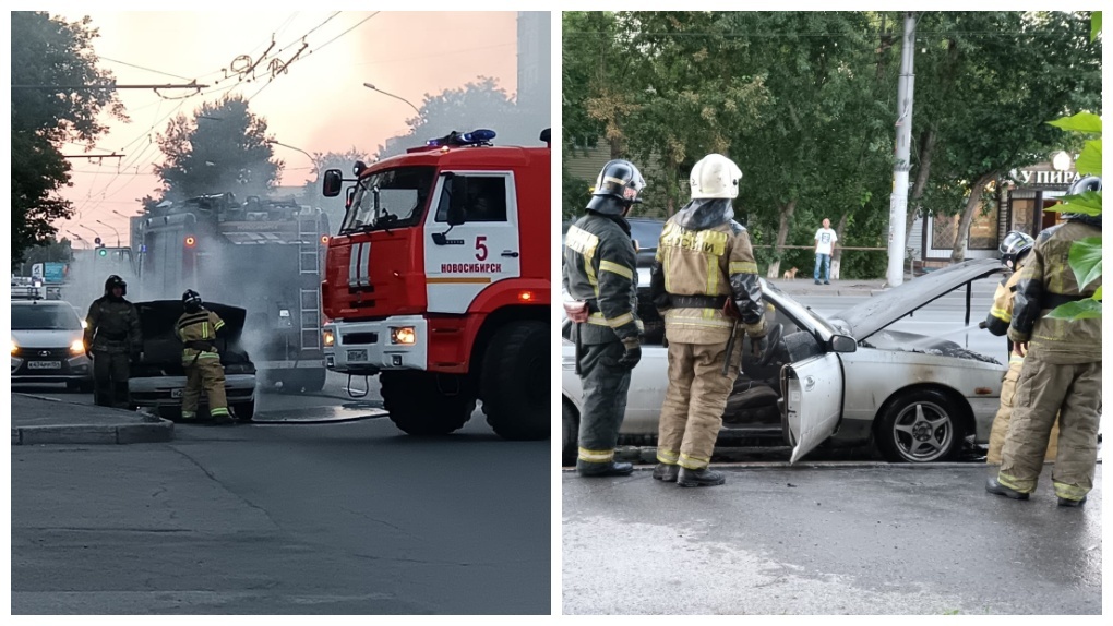 Nissan Laurel загорелся на проезжей части в Новосибирске. ВИДЕО