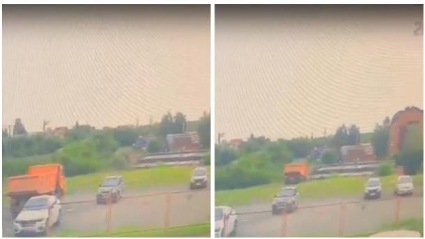 Появилось видео падения КамАЗа в 15-метровый овраг